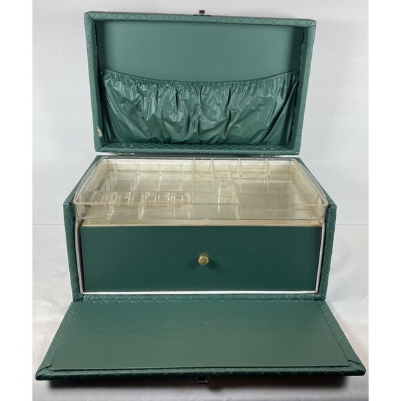 Vintage Green Quilted Vinyl Sewing Box with Tray Drawer 1950s/60s Case w/ Handle - Picture 8 of 14
